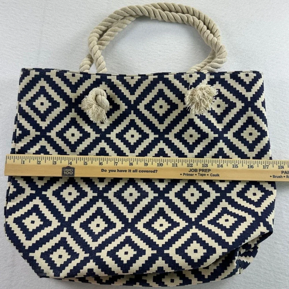 Summer & Rose Navy Blue Geometric Canvas Tote Bag Rope Handle Nautical Beach Bag